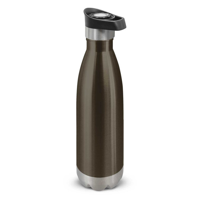 A drink bottle in dark olive green with a stainless steel base and a push-button lid. It features a logo.