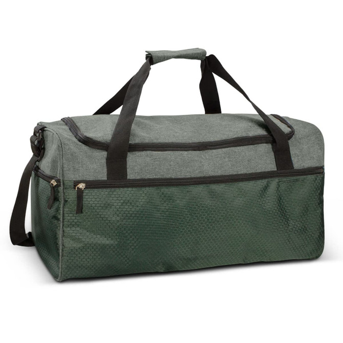 A green duffle bag with black accents, featuring adjustable straps and a zippered compartment. It has a logo.