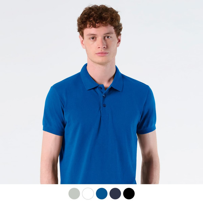 A man wearing a blue polo shirt featuring a collar and a logo. Other colour options are displayed below.