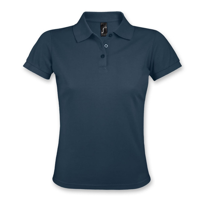 A navy women's polo shirt with a collar, featuring a three-button placket and rolled sleeves. Branding present.