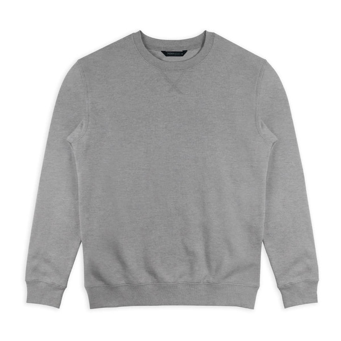 A grey unisex sweatshirt featuring a round neckline and ribbed cuffs, with a subtle logo on the chest.