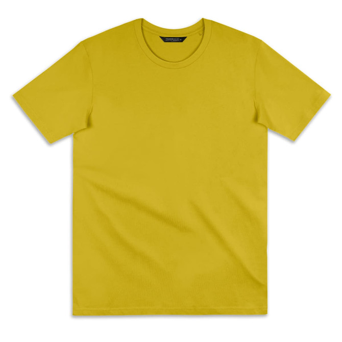 A plain yellow women's t-shirt featuring a classic crew neck and short sleeves, with a small logo on the label.