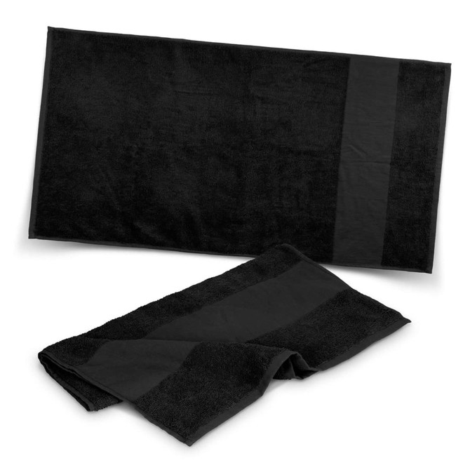 A black gym towel set featuring a large towel and a smaller towel, both with a subtle stripe design.