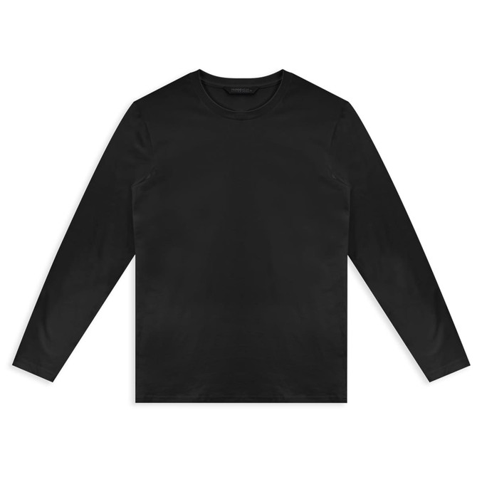 A black long sleeve crew shirt featuring a simple and sleek design, with a logo on the front.