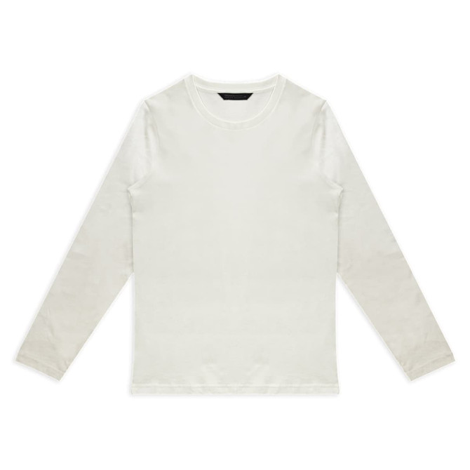 A white long sleeve crew shirt with a simple design and a logo on the label.