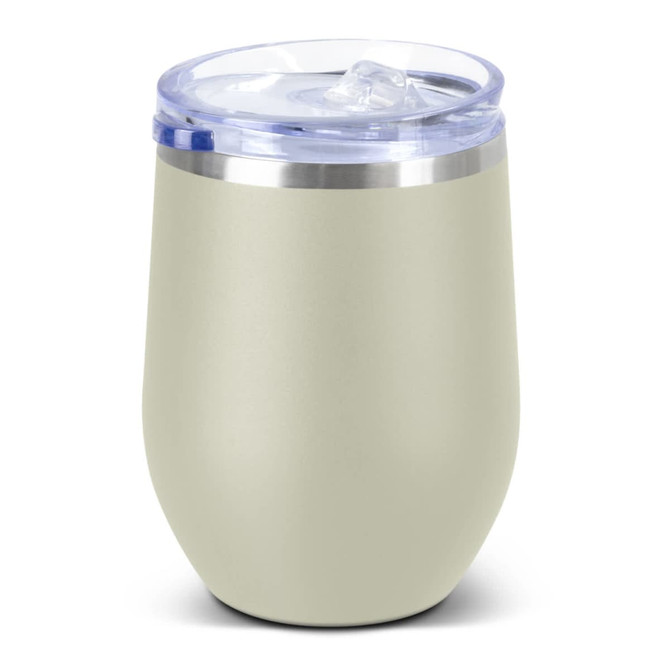 A drink bottle in a soft green hue with a transparent lid and a silver band near the top. Features a logo.