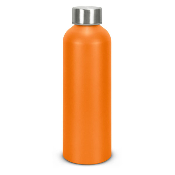 A drink bottle in vibrant orange with a silver screw-top lid. It features a branded logo.