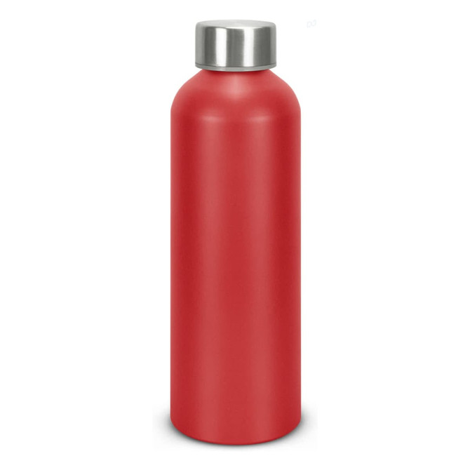 A drink bottle in matte red aluminium with a silver stainless steel lid, featuring a logo.