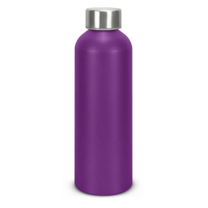 A drink bottle in vibrant purple with a stainless steel cap and a smooth finish. It features a logo.