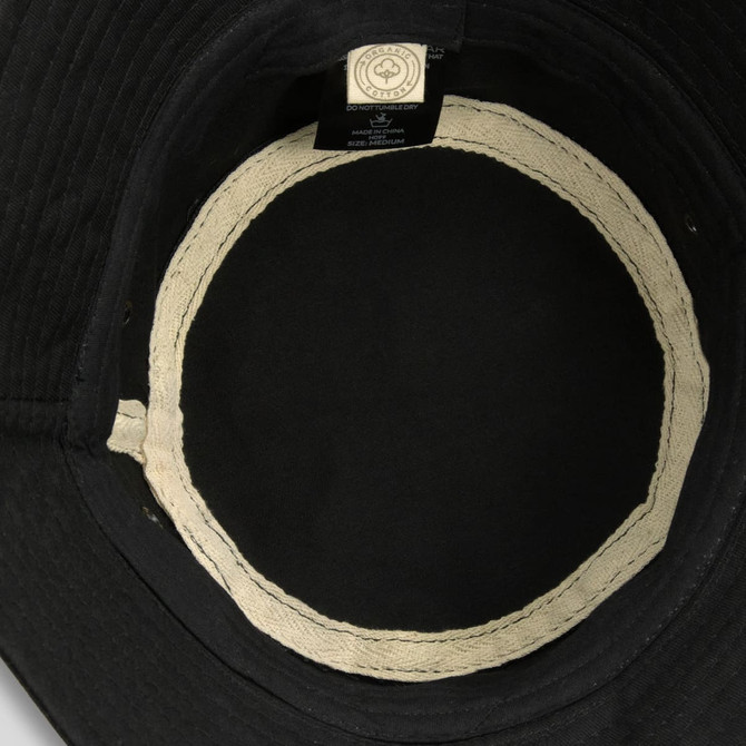 A black organic bucket hat featuring a light interior lining and a tag inside. Includes a logo.
