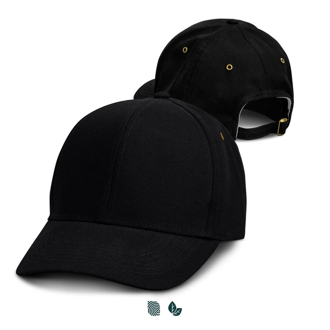 A black cap with a structured front and curved peak, featuring a logo and adjustable strap at the back.