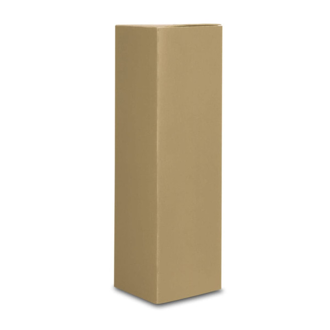 A plain brown cardboard box, upright and unmarked, with a rectangular shape.