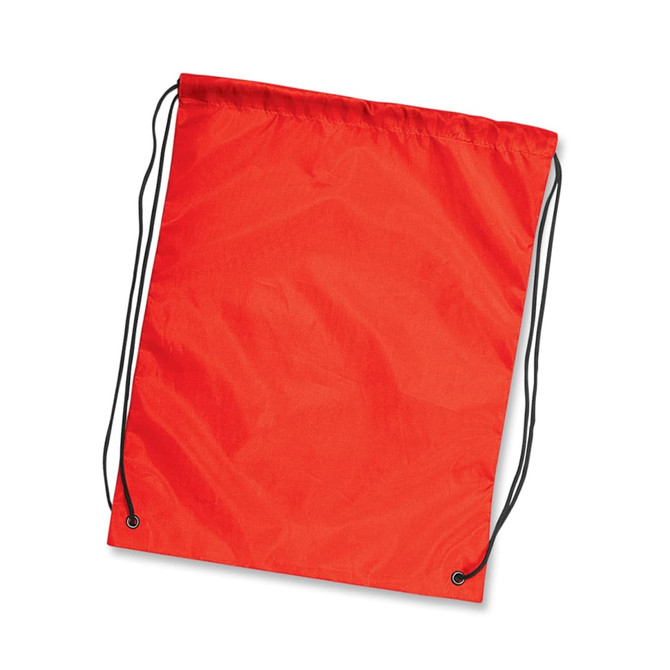 A red drawstring backpack with black cords for closure and no visible logos or branding.