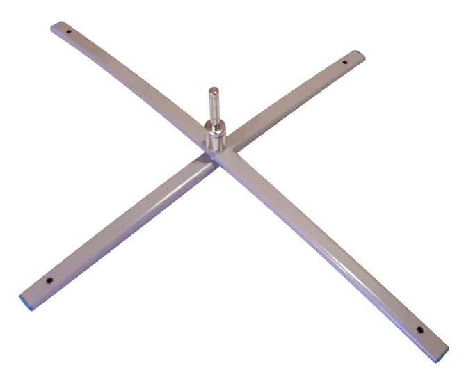 A light silver swivel base with a cross design and a central pole for stability. Features a simple logo.