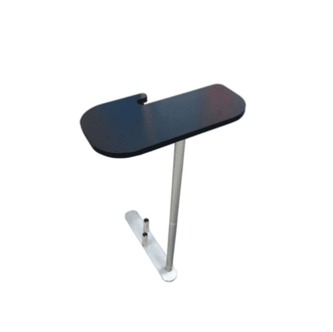 A black table stand with a sleek design featuring an aluminium base and an ergonomic groove.