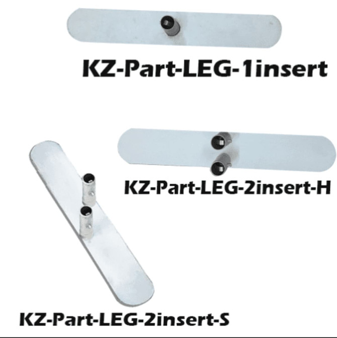 Leg inserts in three variations, featuring a silver design with black connectors. Includes a logo.