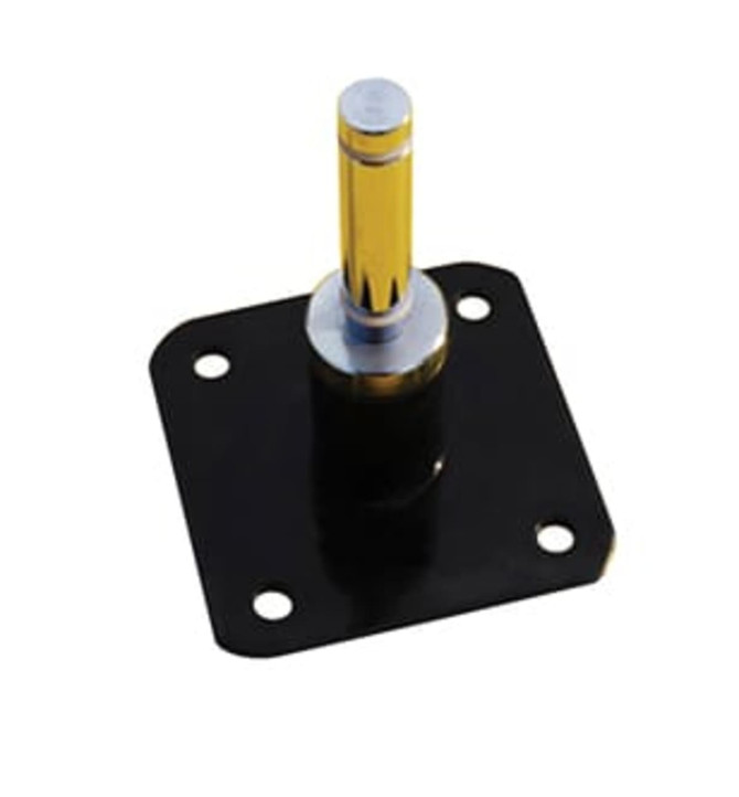 A 90-degree floor mount bracket with a black base and a shiny gold cylindrical component. It features four mounting holes.