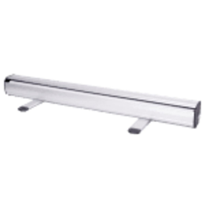 A pull-up banner stand in silver, designed for displaying promotional graphics. It features a clean and sleek design.