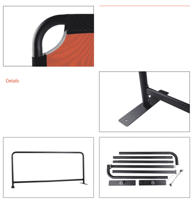 A black frame with orange fabric, showcasing different angles and elements of a café barrier replacement skin.