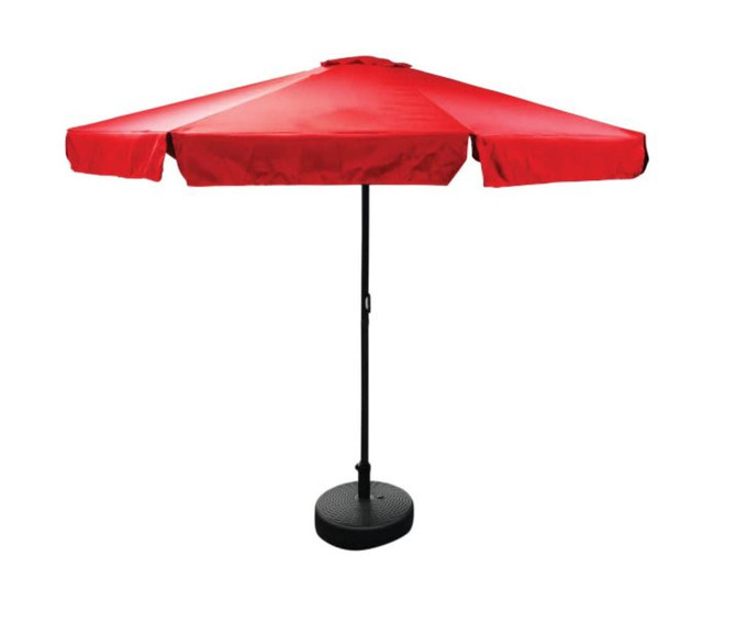A red market umbrella with a black pole and base, measuring 3m x 3m, featuring a logo.