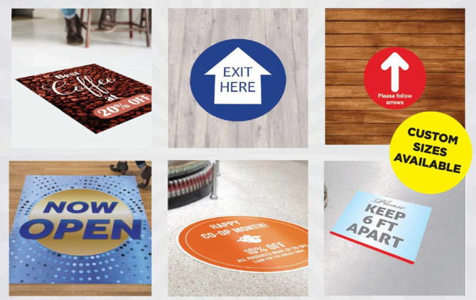 Various floor stickers, featuring designs in blue, red, and orange, with messages and arrows on different backgrounds.