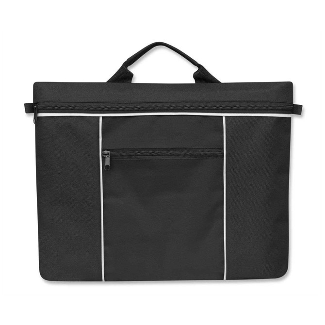A black Envoy Satchel with a zippered main compartment and a front pocket, featuring white piping accents.