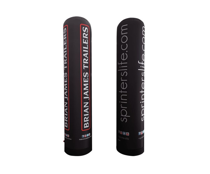 An inflatable black pillar, measuring 670mm x 3000mm, featuring logos and branding.