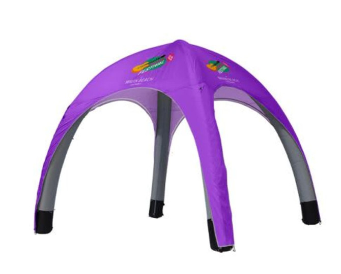 A purple 10ft Air Tent with a grey frame and a logo on the canopy, featuring four tall, arched legs.