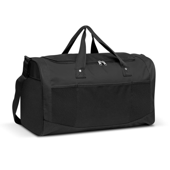 A black duffle bag with a zip closure, featuring two handles, an adjustable strap, and mesh side pockets.
