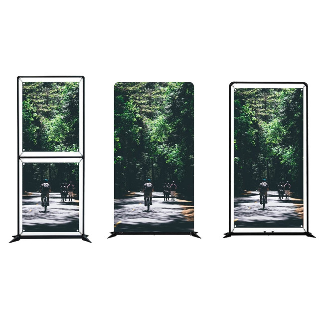 A multi-purpose floor display featuring three sizes, with vibrant imagery of cyclists surrounded by greenery. Includes branding.
