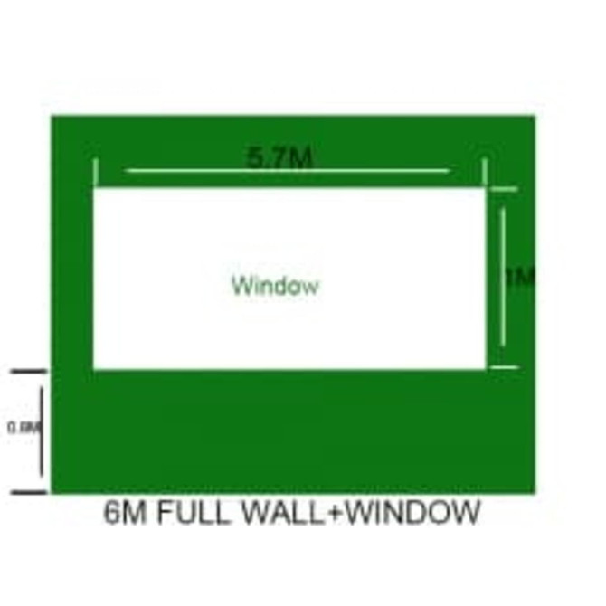 A green promotional wall design featuring dimensions of 6m by 1m with a central window cut-out.
