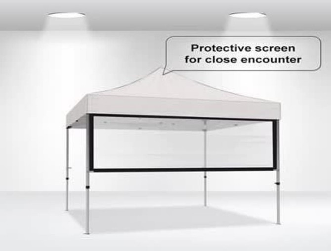 A promotional white marquee with a transparent protective screen, featuring a black frame. It has a logo on the front.