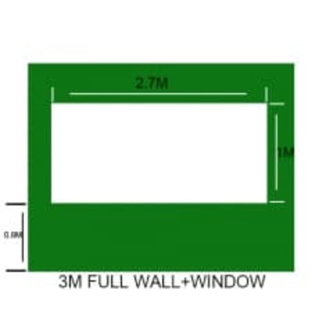 A green promotional wall graphic with a rectangular window, measuring 3000 x 2050 mm.