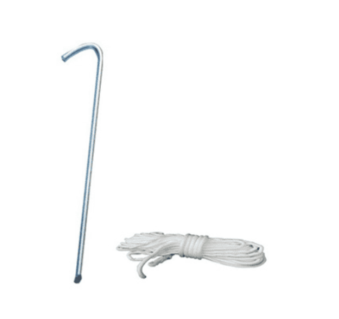 A metal tent peg with a hook end and a bundle of white rope.