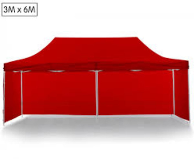 A red 6m x 3m marquee frame and canopy, featuring a sleek structure and a large canopy area.