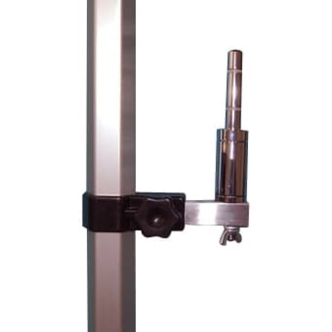 A metal bracket in silver and black, designed for mounting a banner pole securely.