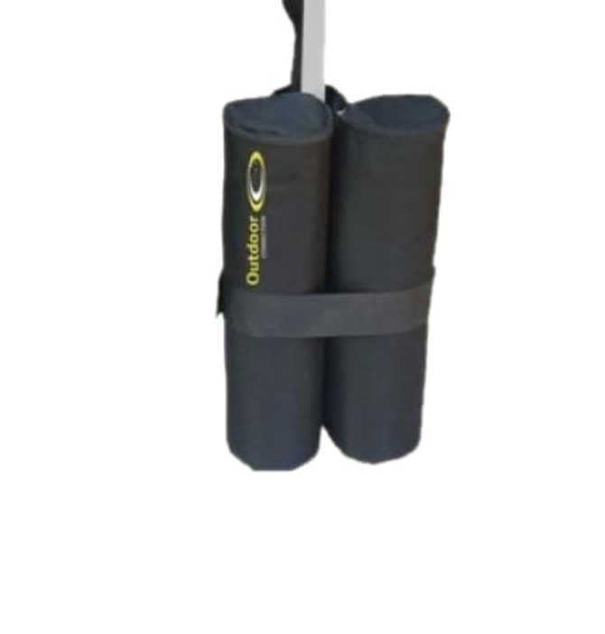 A black sand bag product with a grey strap, featuring a logo on its side, designed to hold two cylindrical sections.
