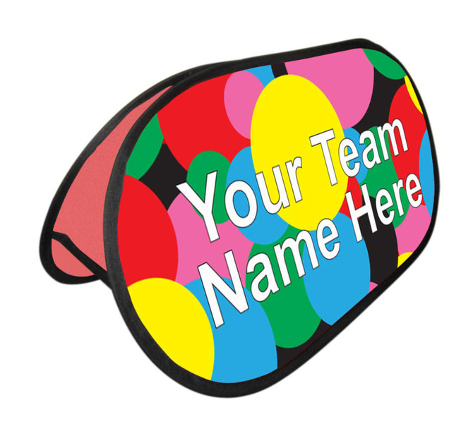 A colourful pop-up banner featuring large circles in pink, blue, yellow, and black. It includes space for team names.