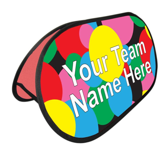 A pop-up banner featuring multicoloured circles and space for custom text. It has a black border.
