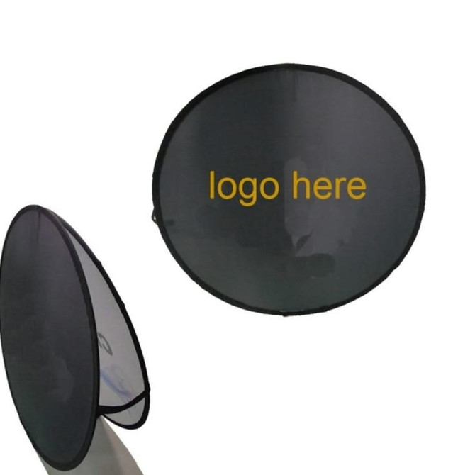 A round pop-up banner in black with a logo area, showcasing a collapsible design.