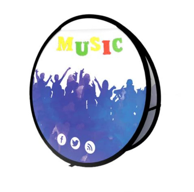 A round pop-up banner featuring a gradient blue background with silhouettes of a crowd and colourful text. It has a logo at the bottom.