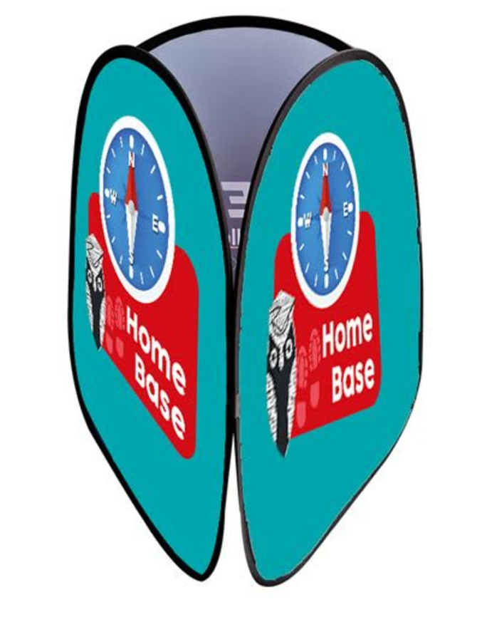 A three-sided vertical pop-up banner in teal featuring a clock and owl graphics, with a prominent logo.