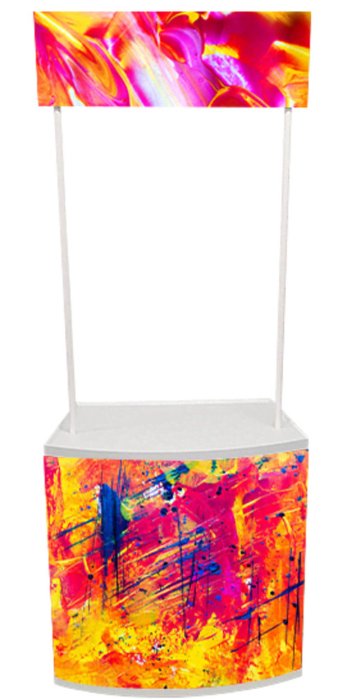 A promotional sampling table featuring a vibrant, multicoloured design with a bright top banner and a white base.
