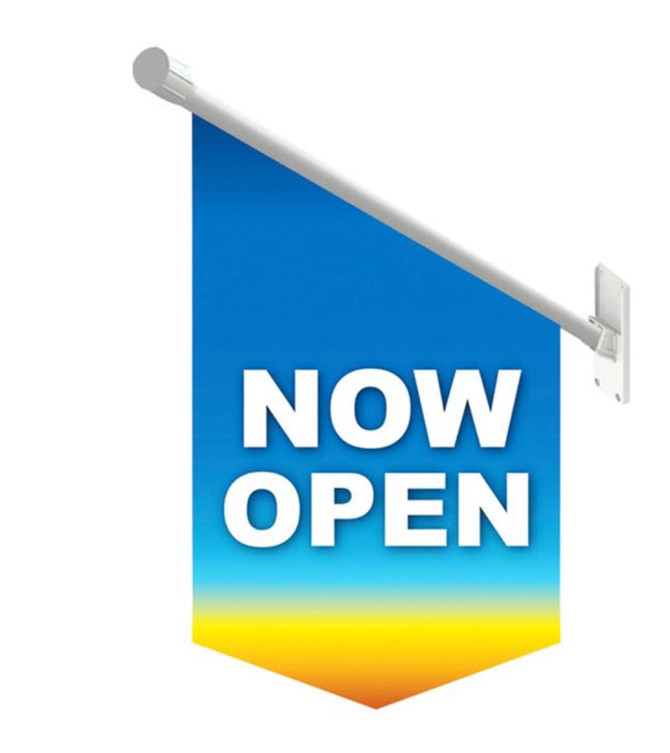 A hanging flag in gradient blue and yellow, featuring bold white text. It has a simple mounting bracket.