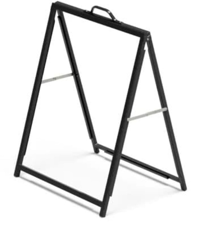 A black A-frame sign with a handle and adjustable supports, suitable for promotional displays.