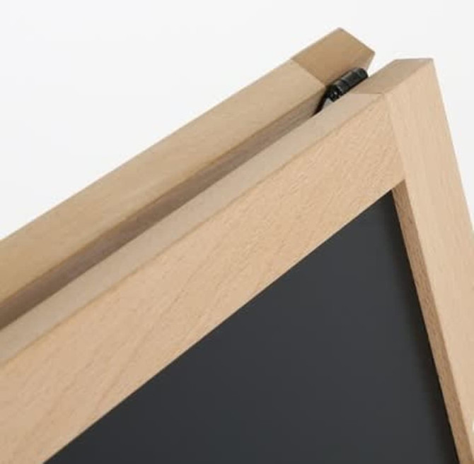 A wooden A-frame chalkboard with a smooth black writing surface and a natural finish.