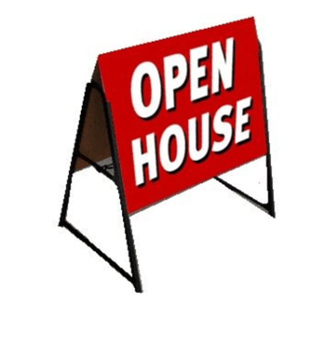 A lightweight plastic A-frame sign in red with white lettering, featuring an open house design. Contains a logo.