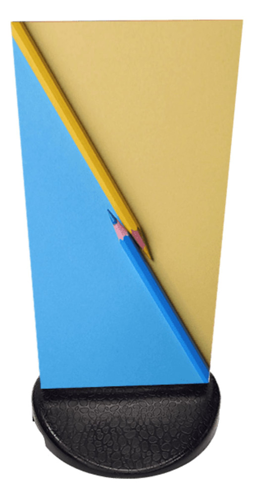 A signage stand featuring a blue and yellow graphic mounted on a black base, with two pencils displayed at an angle.