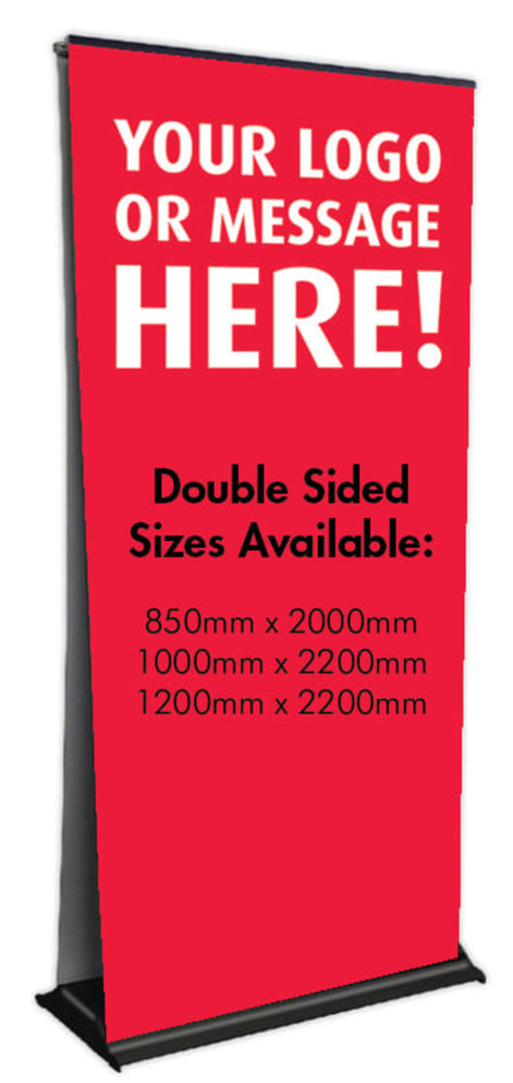 A double-sided pull-up banner featuring a red background and space for a logo or message, measuring 1000mm x 2200mm.
