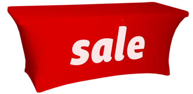 A red stretch table cover featuring a logo, designed for an 8-foot table.